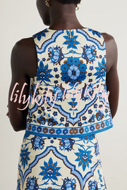 Unique Printed Round Neck Sleeveless Top and Casual Mini Skirt Set