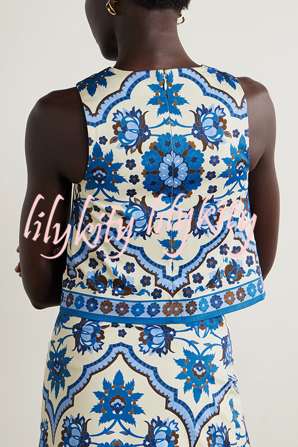 Unique Printed Round Neck Sleeveless Top and Casual Mini Skirt Set