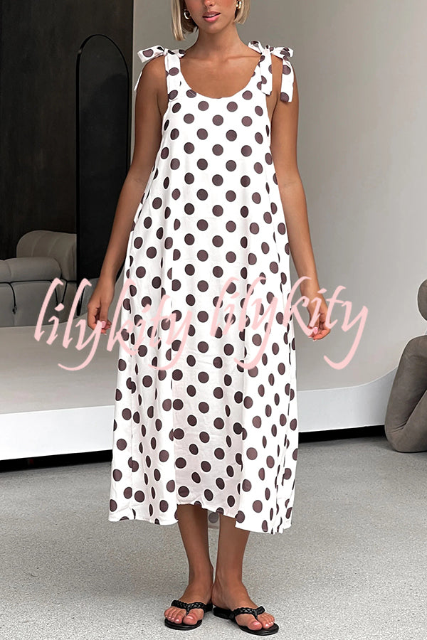 Polka Dot Print Suspenders Strappy Backless Loose Pocket Midi Dress