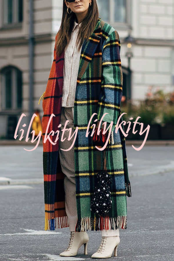 Fashionable Color-block Plaid Print Lapel Long-sleeved Casual Long Coat