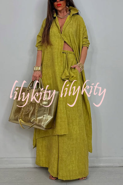 Solid Color Casual Loose Long Shirt and Elastic Waist Pocket Wide Leg Pants Set