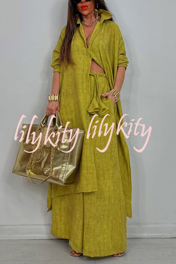 Solid Color Casual Loose Long Shirt and Elastic Waist Pocket Wide Leg Pants Set