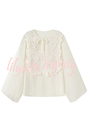 Fashionable Round Neck Tie Hollow Stitching Casual Shirt