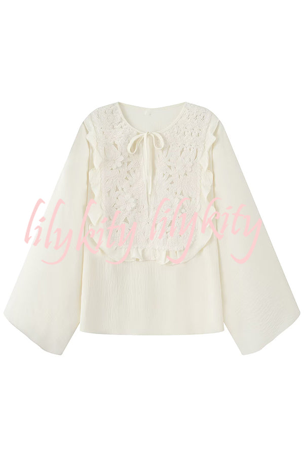 Fashionable Round Neck Tie Hollow Stitching Casual Shirt