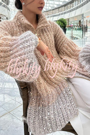 Warm Shining Heart Knit Sequin Balloon Sleeve Zipper Neck Loose Cardigan