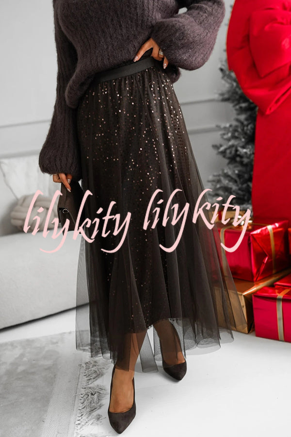 Party Daydream Sequin Tulle High Rise Elastic Waist Maxi Skirt