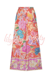 Painter's Garden Boho Floral Print  Elastic Waist Pocketed Wide Leg Pants