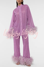 Glitter Fabric Feather Trim Long Sleeve Button Top and Elastic Waist Loose Straight Pants Set