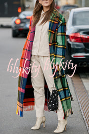 Fashionable Color-block Plaid Print Lapel Long-sleeved Casual Long Coat