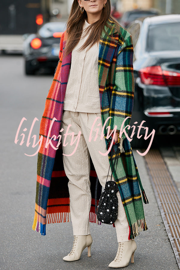 Fashionable Color-block Plaid Print Lapel Long-sleeved Casual Long Coat