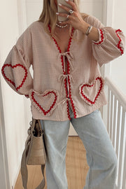 Lovely Plaid Heart Pattern Casual Lace-up Pocket Loose Shirt