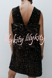 Glam Season Velvet Sequin Back Oversized Bow Design Sleeveless Loose Mini Dress