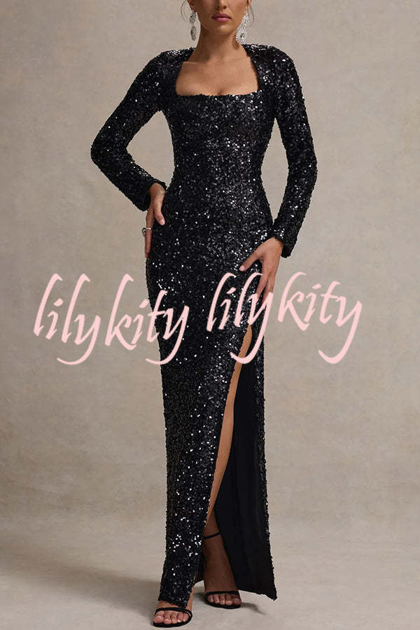 My Dreams Sparkle Sequin Square Neck Long Sleeves Slit Maxi Dress