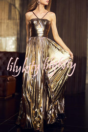 Queen Style Metallic Fabric Cross Neck Cutout Slit Pleated Maxi Dress