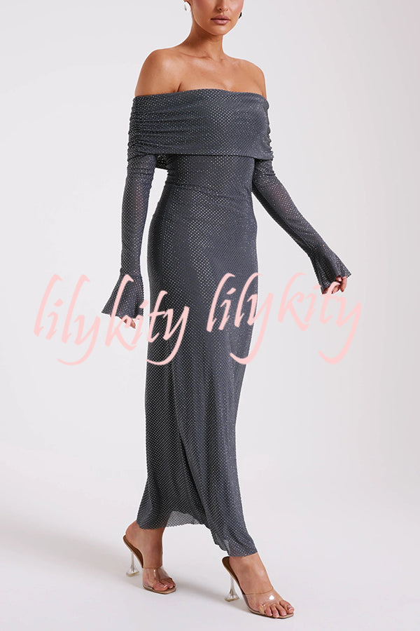 Sexy Shiny Off-The-Shoulder Long-Sleeved Fitted Maxi Dress