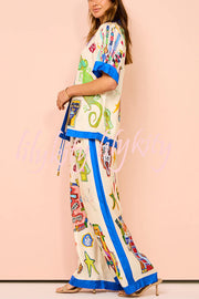 Vibrant Beach Satin Unique Print Colorblock Trim Elastic Waist Pocketed Wide Leg Pants