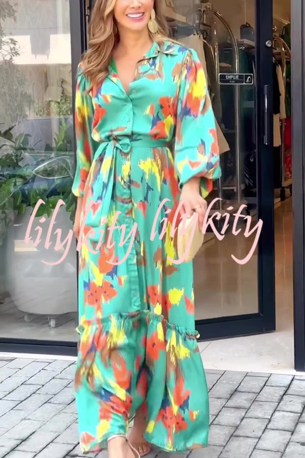 Multicolor Printed Lapel Balloon Sleeves Tie-waist Maxi Dress