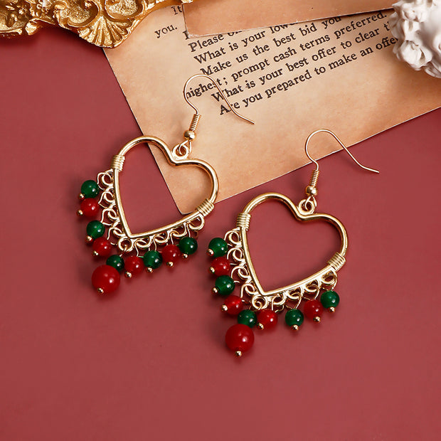 Fashion Hollow Big Heart Tassel Colored Crystal Earrings