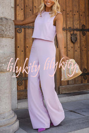 Modern and Elegant Solid Crop Tank and High Rise Flare Loose Pants Set
