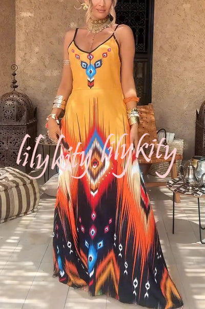 Unique Printed Suspender V-neck Loose Maxi Dress