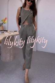 Balvin Linen Blend Cross Button Neck Crop Vest and High Rise Pocketed Pants Set