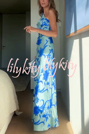 Satin Botanical Print One-Sleeve Resort Maxi Dress