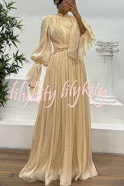 Ellah Shiny Fabric Chinese Stand Collar Twist Waist Balloon Sleeve Maxi Dress