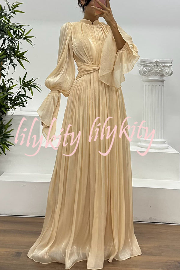 Ellah Shiny Fabric Chinese Stand Collar Twist Waist Balloon Sleeve Maxi Dress