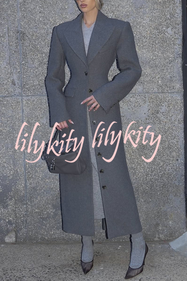 Elegant Lapel Long Sleeve Button High Waist Long Coat