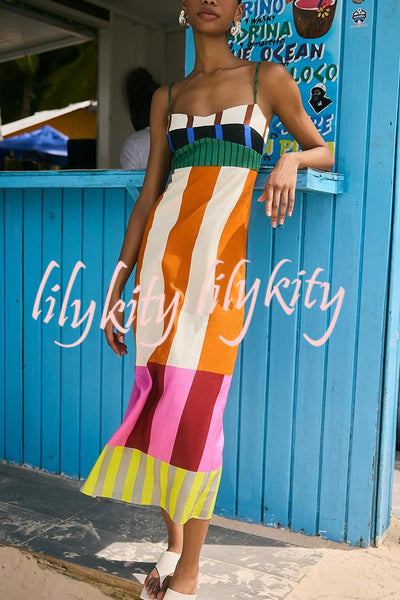 Beach Moment Linen Blend Unique Color Block Slip Maxi Dress