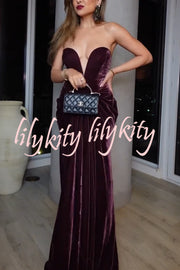 Paige Velvet Off Shoulder Side Pleated Hip Drape Maxi Dress
