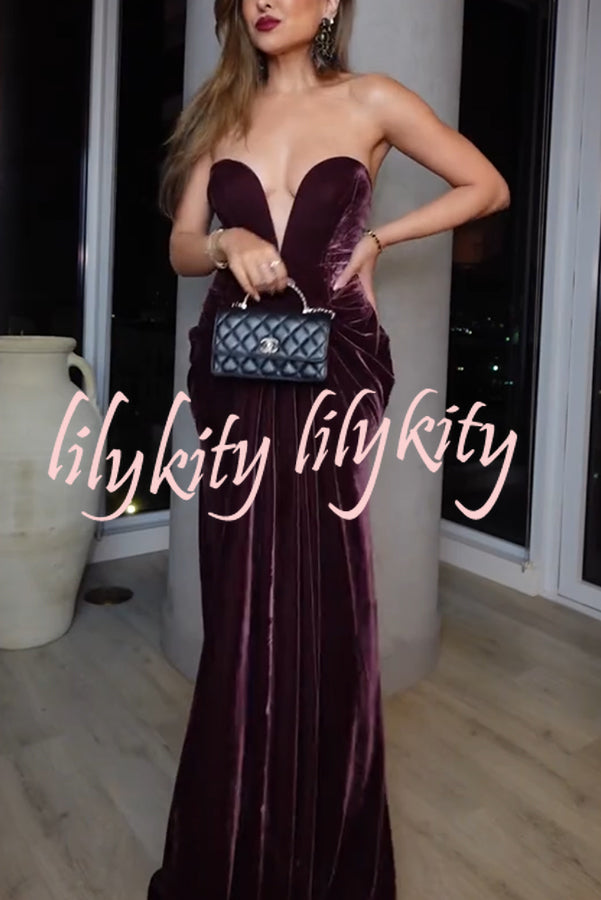 Paige Velvet Off Shoulder Side Pleated Hip Drape Maxi Dress