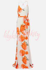 Charming Tulip Print Backless Crisscross Straps Flare Scarf Maxi Dress
