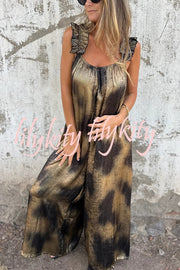 Fashionable Gold-stamped Suspenders Loose Pocket Wide-leg Jumpsuit