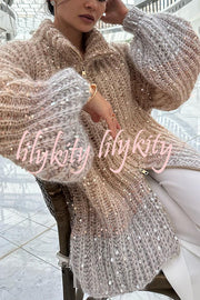 Warm Shining Heart Knit Sequin Balloon Sleeve Zipper Neck Loose Cardigan