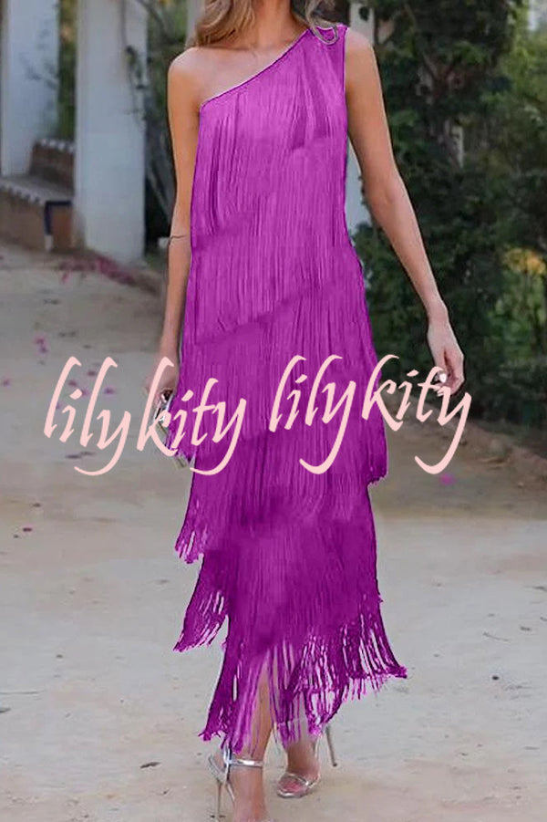 Stylish Fringed One Shoulder Asymmetric Midi Dress