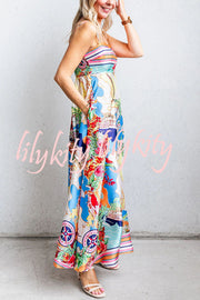 Satin Resort Print Sling Back Pleated Maxi Dress