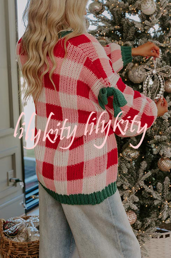Holiday Cozy Checkered Knit Color-blocked Plaid Bow Long-sleeved Cardigan