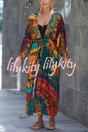 Unique Print Loose Lace Up Holiday Maxi Cover Up