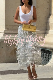 Evening Charm Layered Sequined Tassels High Rise Back Zipper Slit Midi Skirt