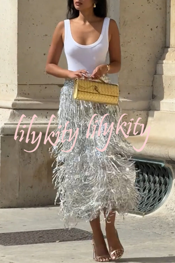 Evening Charm Layered Sequined Tassels High Rise Back Zipper Slit Midi Skirt