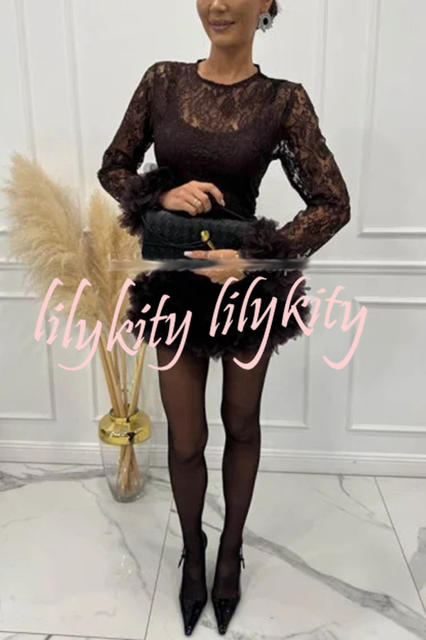 Alyssa Lace Fabric Tulle Layered Petals Trim Long Sleeve Mini Dress