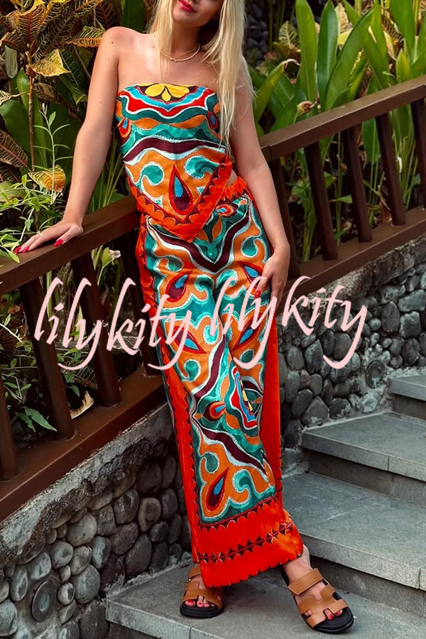 Ethnic Style Unique Print Tube Top and Elastic Waist Casual Pocket Wide Leg Pants Set