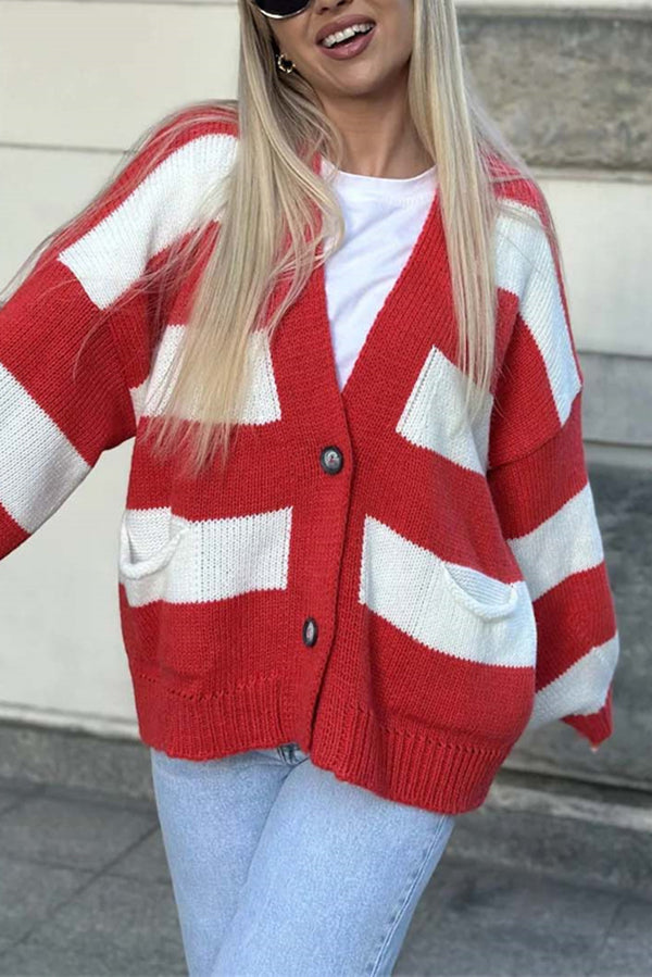 Casual V-neck Long-sleeved Striped Pocket Knitted Cardigan