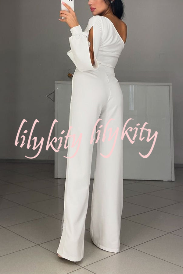 Fashionable Oblique Shoulder One-sleeve Sexy High Slit Slim Jumpsuit