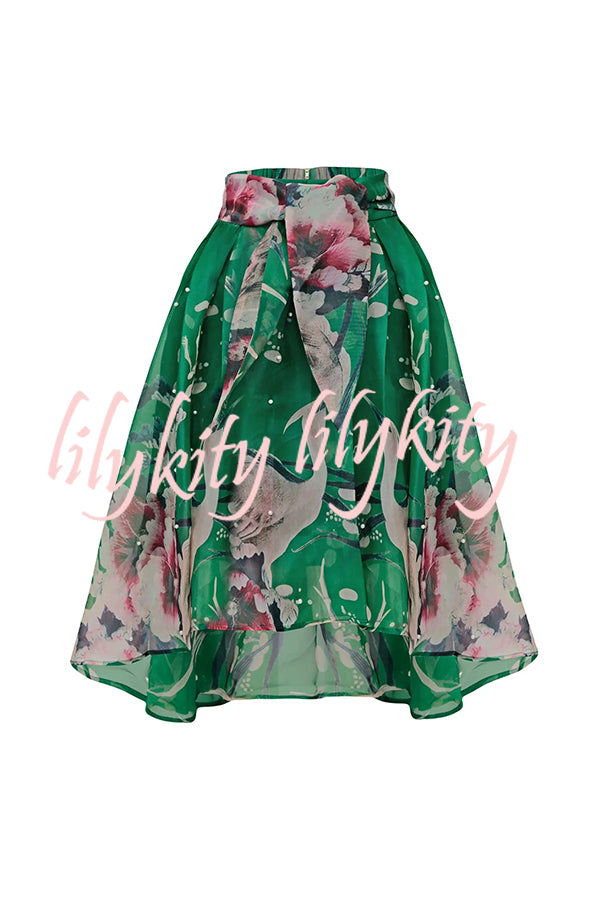 Tessy Batwing Sleeve Top and Floral Elastic Waist Pearls Detail High Low Midi Skirt Set