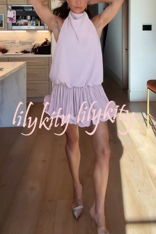 Ballerina Chic High Cowl Neck Pleated Wavy Ruffles Hem Backless Mini Dress