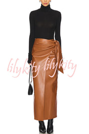 Snappy Casual Slay Faux Leather High Rise Wrap Tie-up Stretch Maxi Skirt