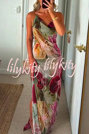 Floral Print Sexy Backless Slit See-Through Holiday Maxi Dress
