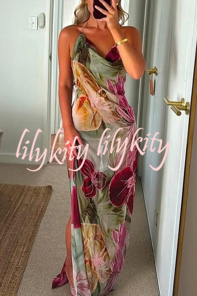 Floral Print Sexy Backless Slit See-Through Holiday Maxi Dress
